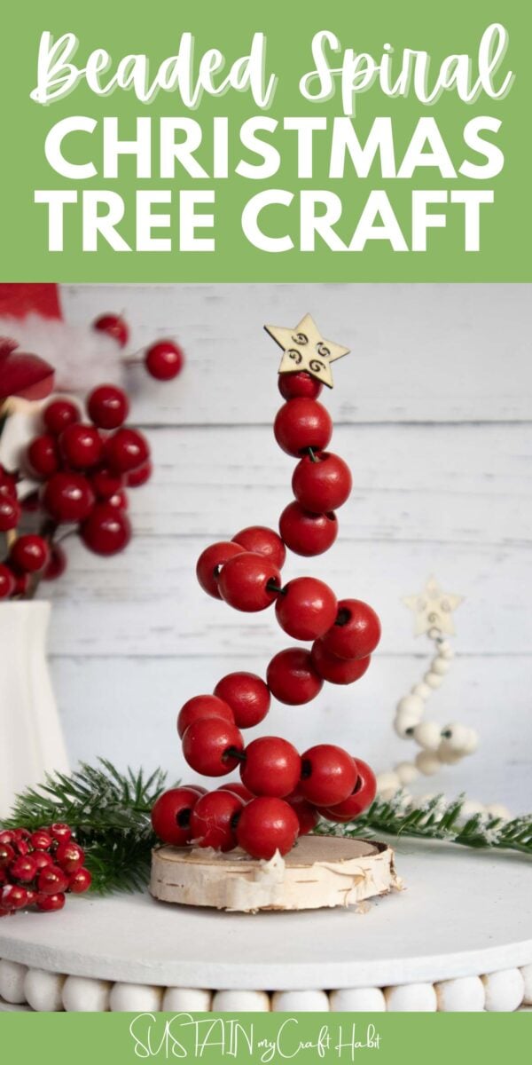 Beaded spiral Christmas tree painted red with text overlay.