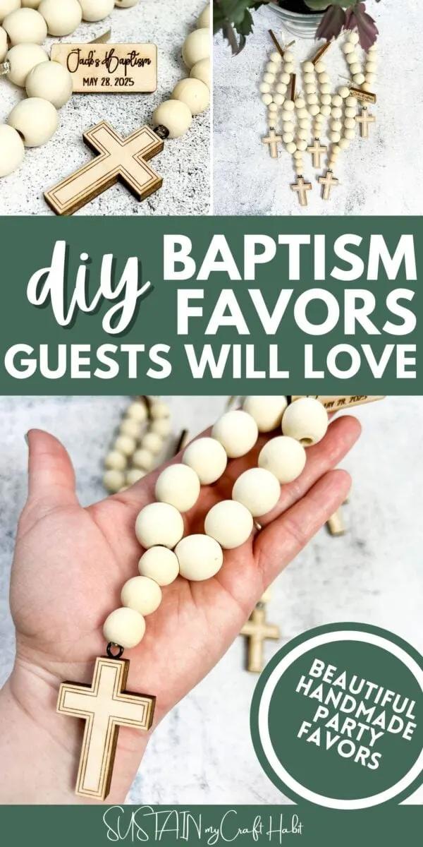 Collage with text overlay showing wooden bead rosaries baptism favors.
