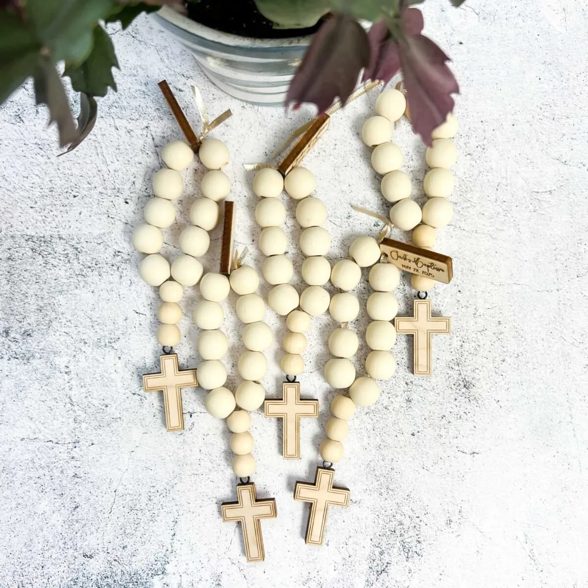 Wooden bead rosaries baptism favors.