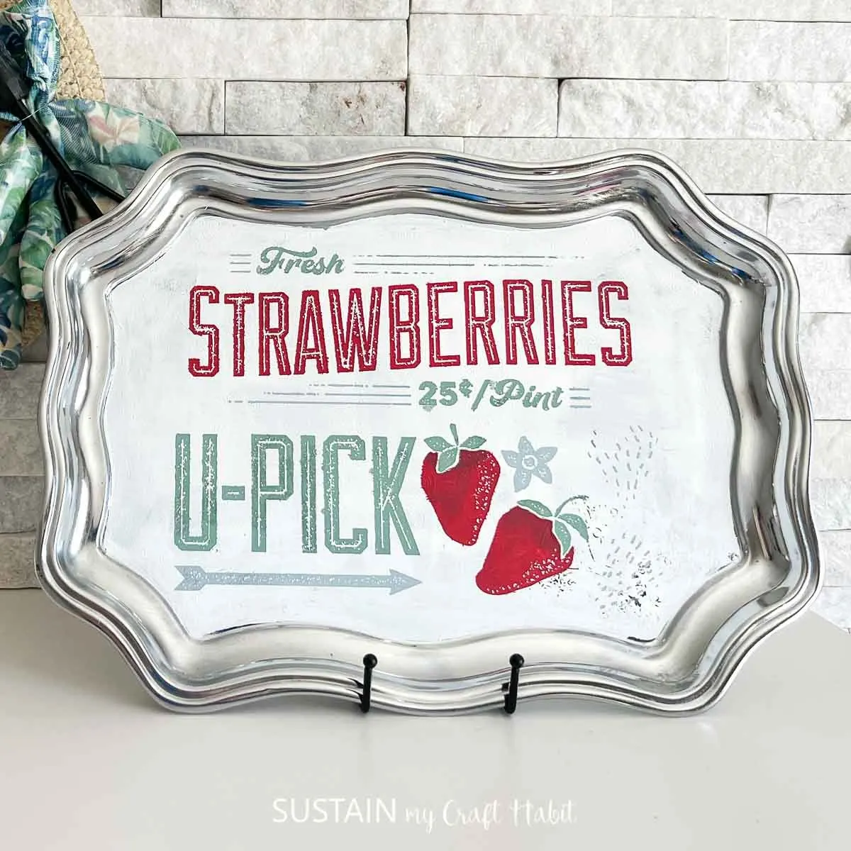 Chalk Couture strawberry stencil on a painted silver tray.