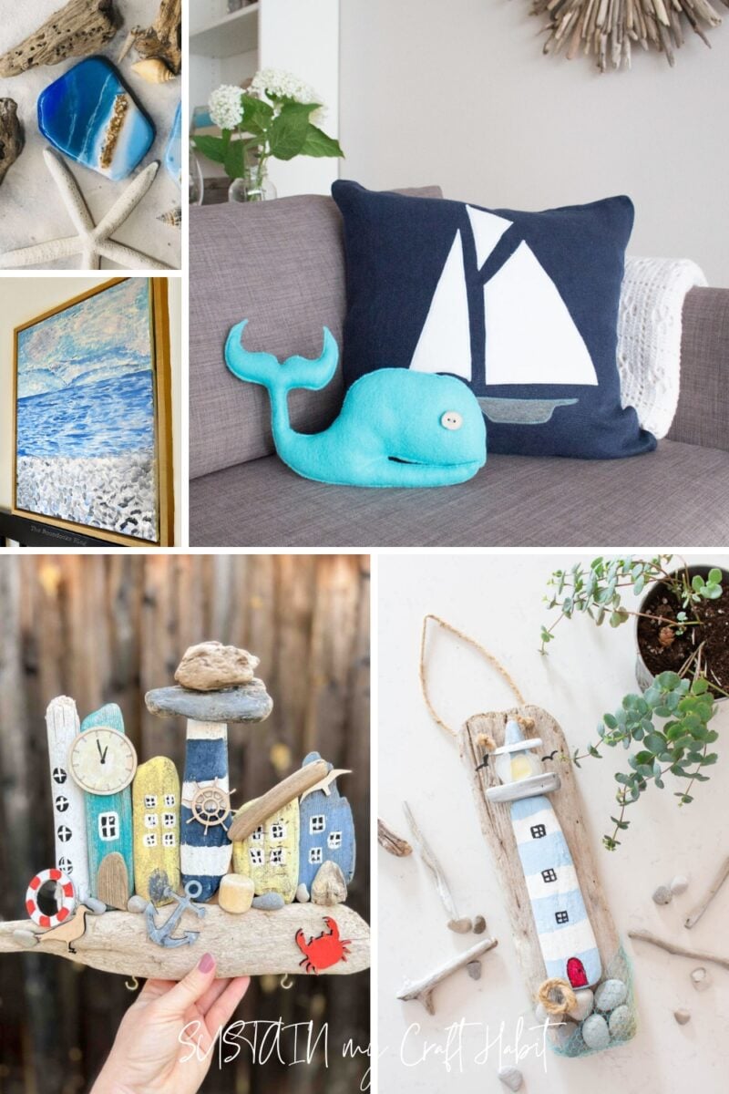 Collage of beach crafts including frames art, driftwood village, lighthouse and more.