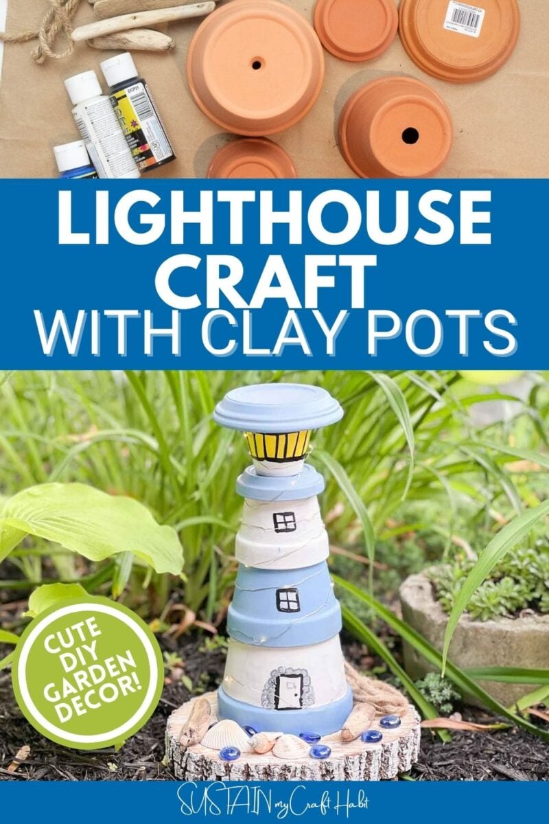 Collage with text overlay showing materials and finished lighthouse craft.