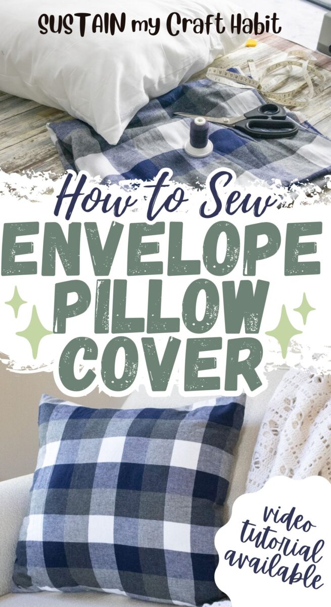 Materials and finished envelope pillow cover with text overlay.