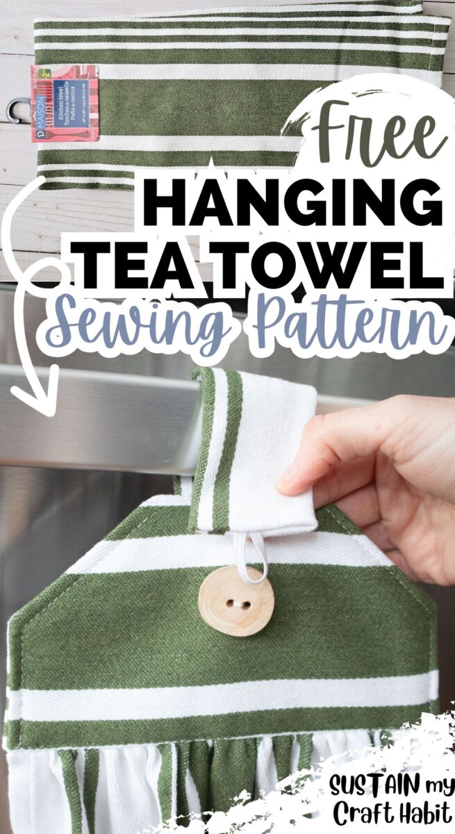 Collage with text overlay showing before and after of free hanging tea towel.