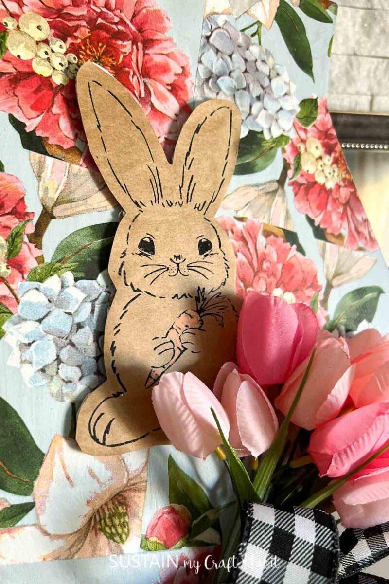 Close up of upcycled tulip board with decoupage.