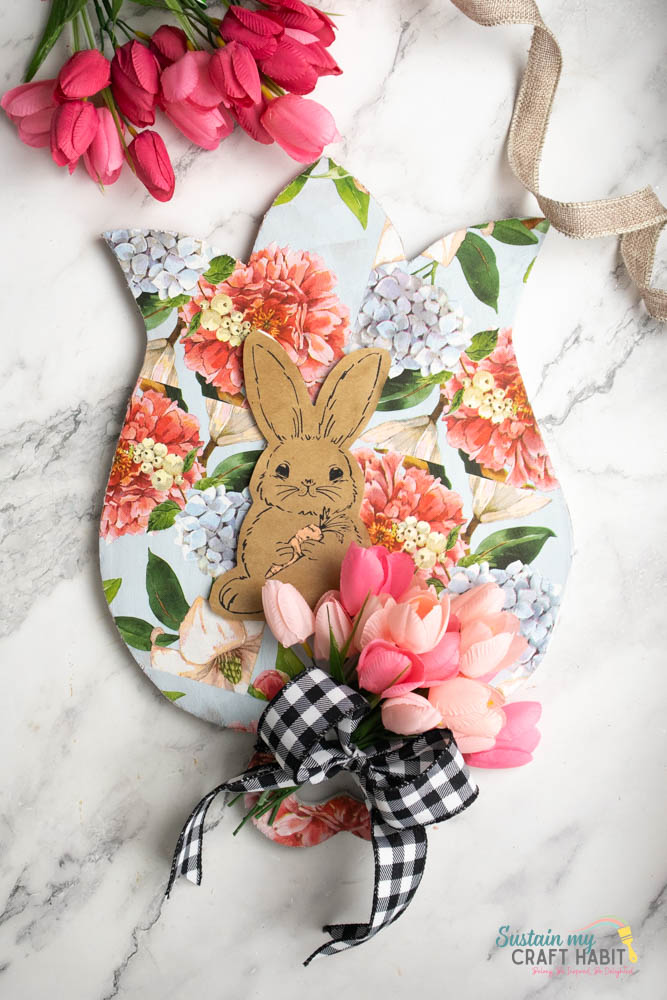 Upcycled tulip board with decoupage, ribbon, bunny picture and tulip flowers.