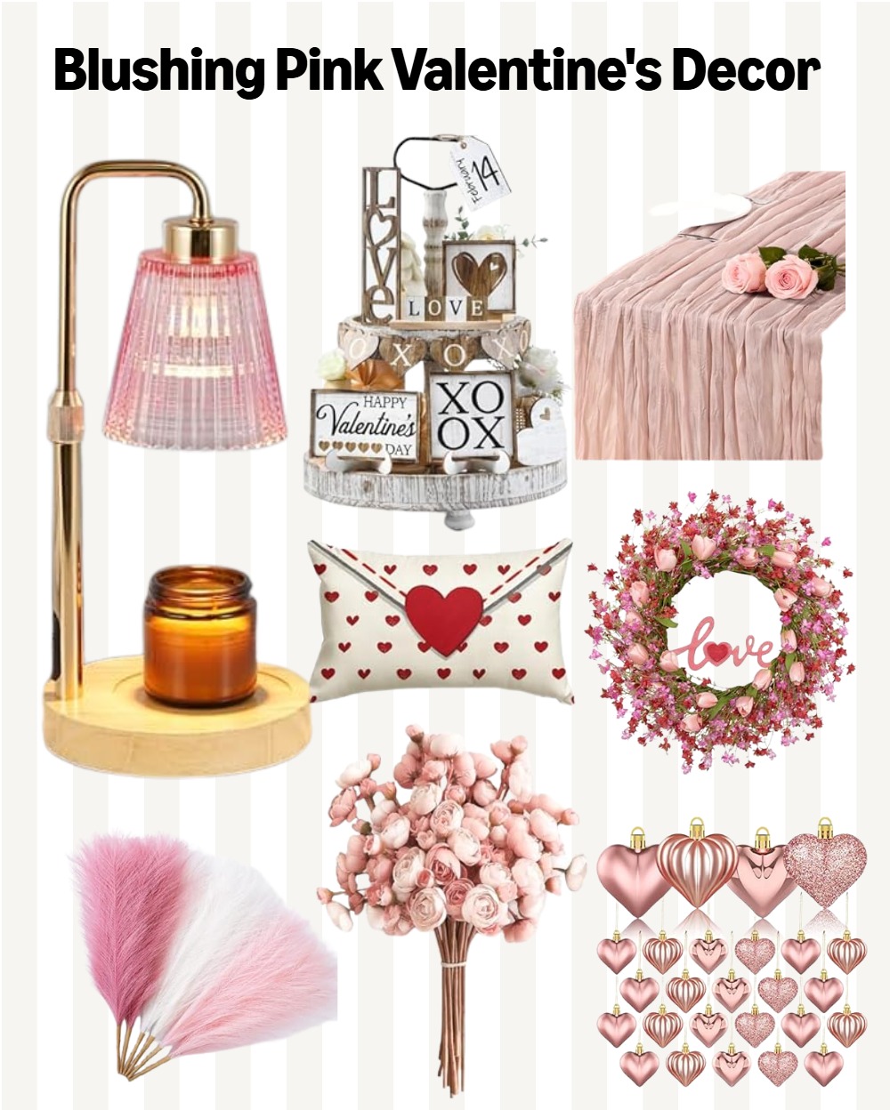 Collage of soft pink Valentine's Day decor on Amazon.