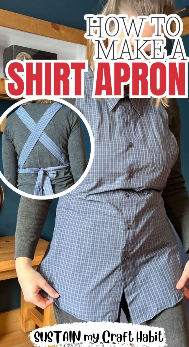 Woman wearing a shirt apron with cross back straps and text overlay.