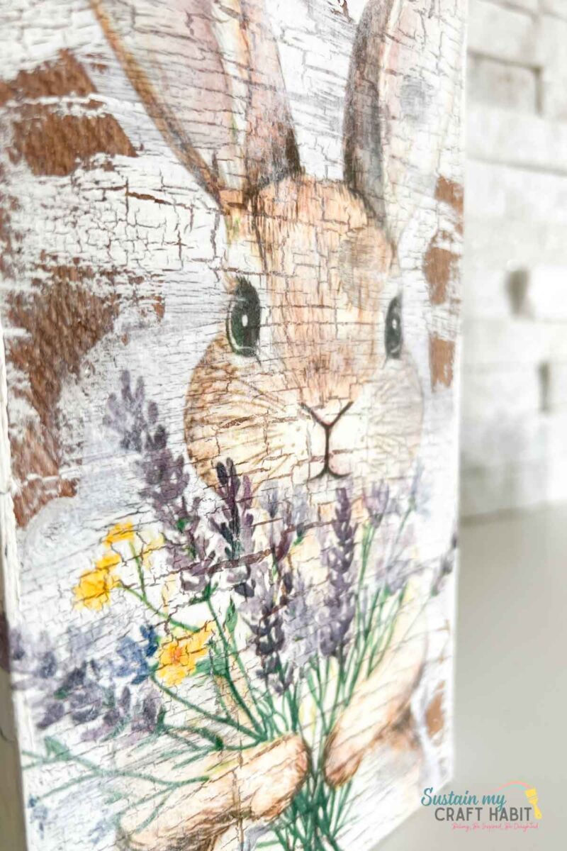 Rustic bunny Easter decoration made with scrap wood, crackle effect and bunny print.