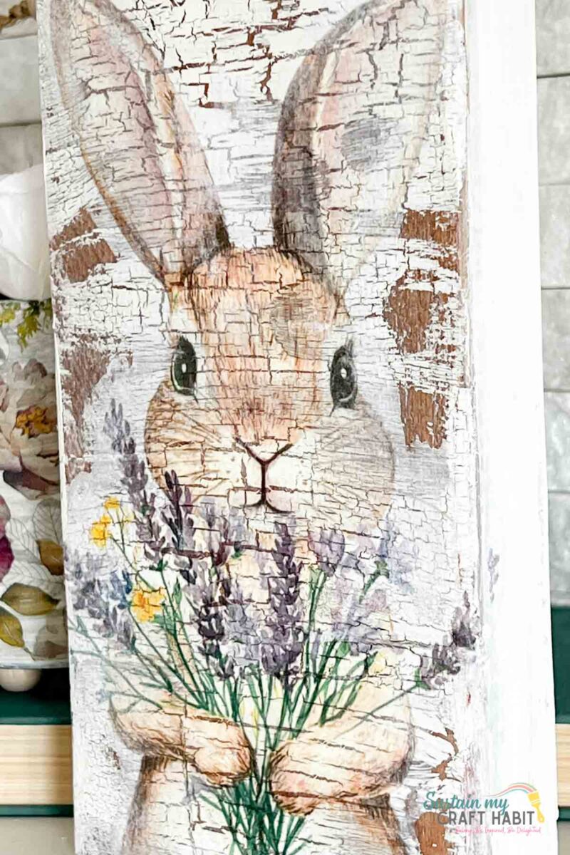 Rustic bunny Easter decoration made with scrap wood, crackle effect and bunny print.