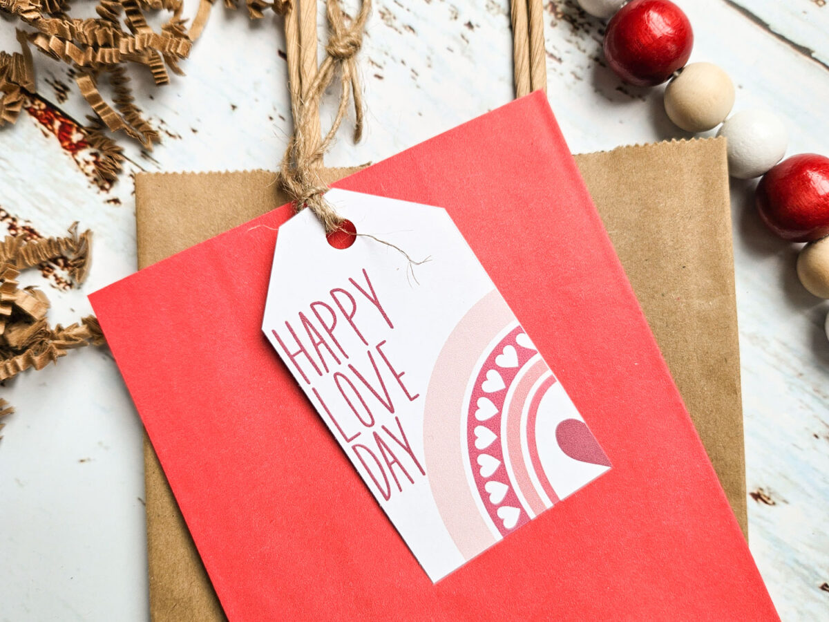 Free printable Valentine's day gift tag attached to a gift bag.