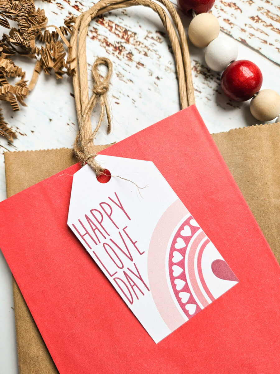 Free printable Valentine's day gift tag attached to a bag.