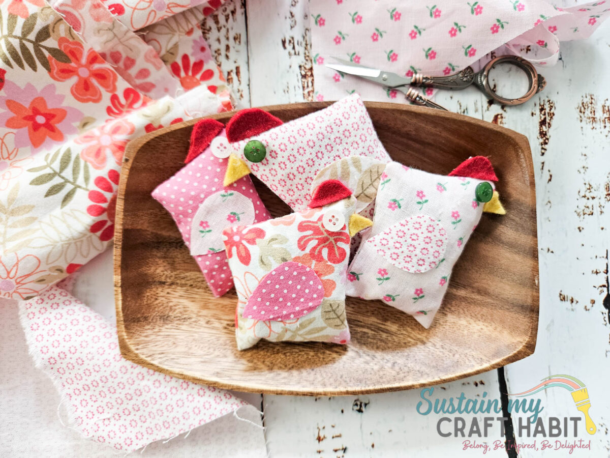 Scrap fabric chicken pocket buddies.