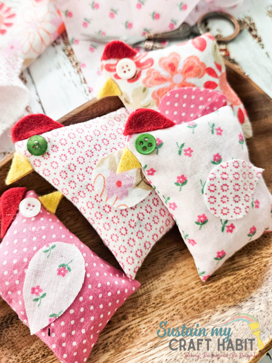 Scrap fabric chicken pocket buddies.