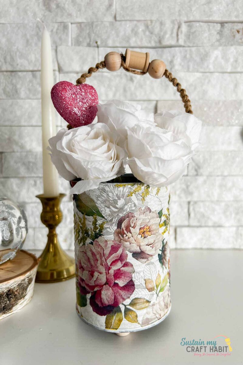 Tin can valentine's decoration with napkin decoupage.