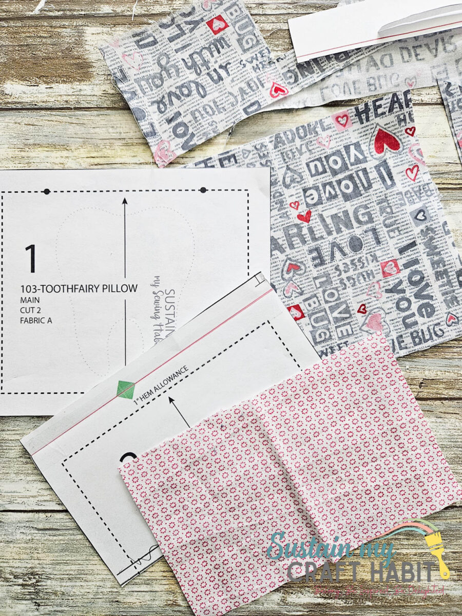 Fabric scraps and printable tooth fairy pillow pattern.