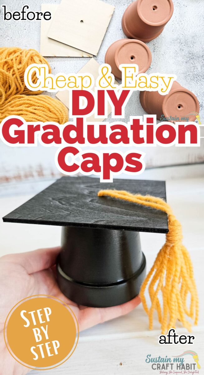 Collage showing materials and finished graduation cap decorations with text overlay.