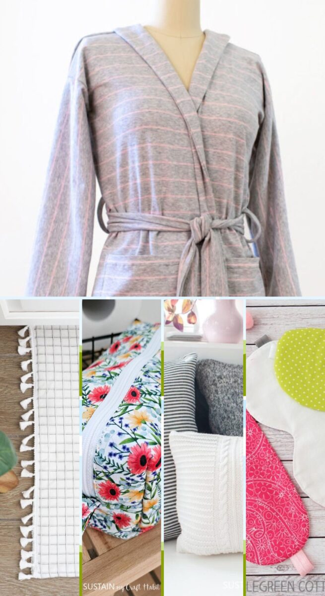 collage of easy sewing projects to make for a home spa including a robe, bath mat, toiletry bag, comfy pillows and eye masks