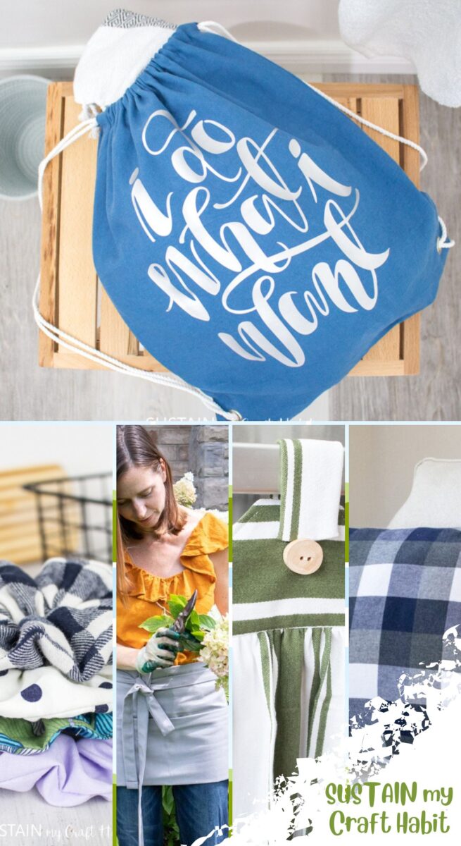 collage of quick sewing projects including a drawstring bag, scrunchie, apron, tea towel and throw pillow