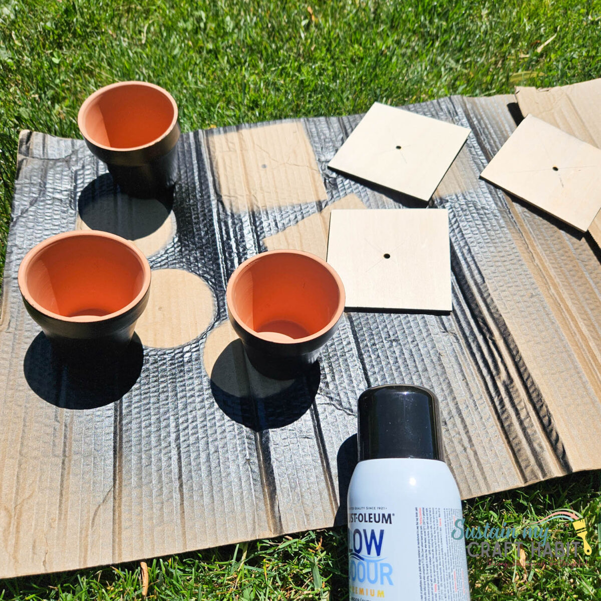 Spray painting terracotta pots and wood cut outs.