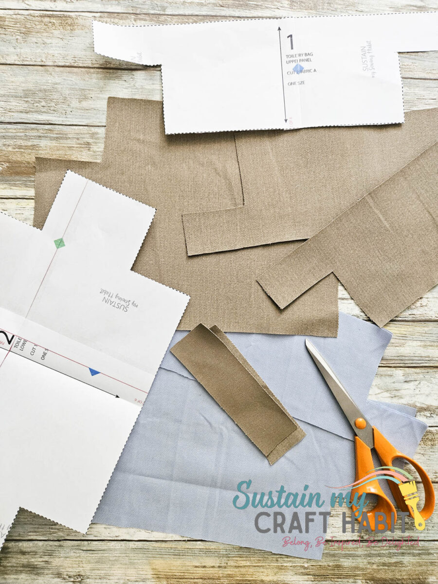 Materials and fabric patterns ready to sew a men's travel bag.