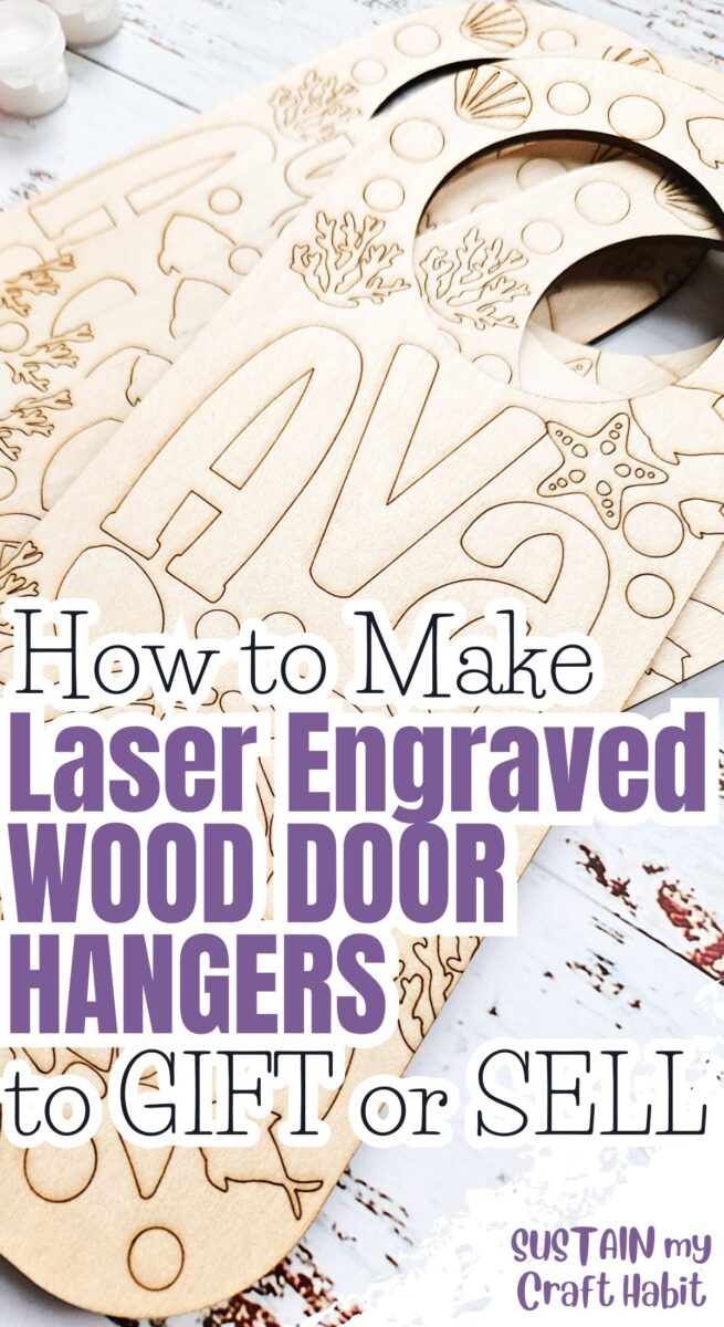 Engraved wood door hangers with text overlay.