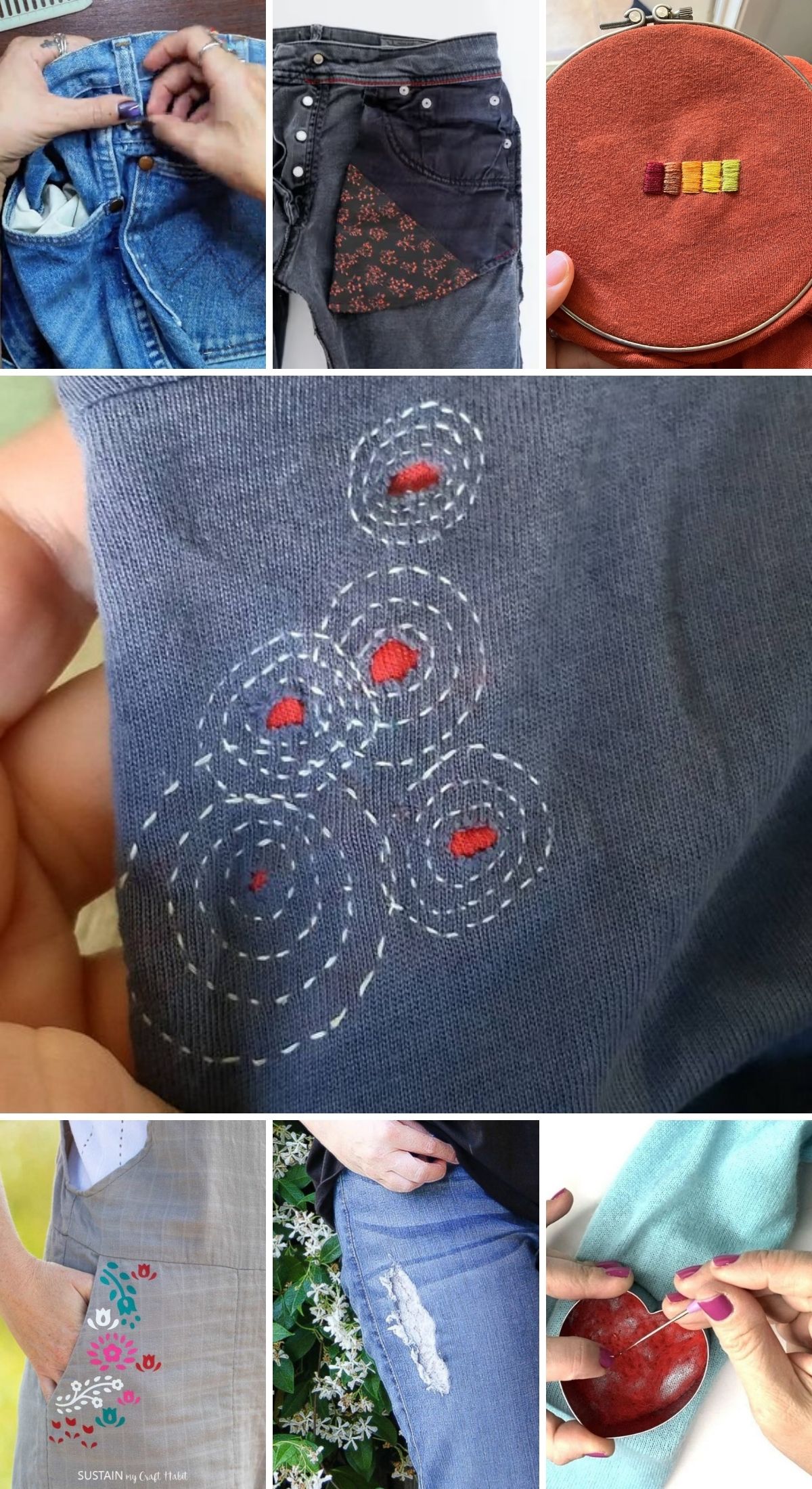 collage of various visible mending techniques for clothes