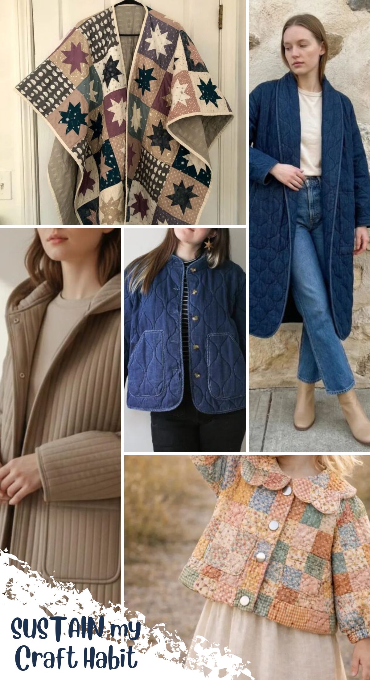 collage of different quilted jacket sewing patterns