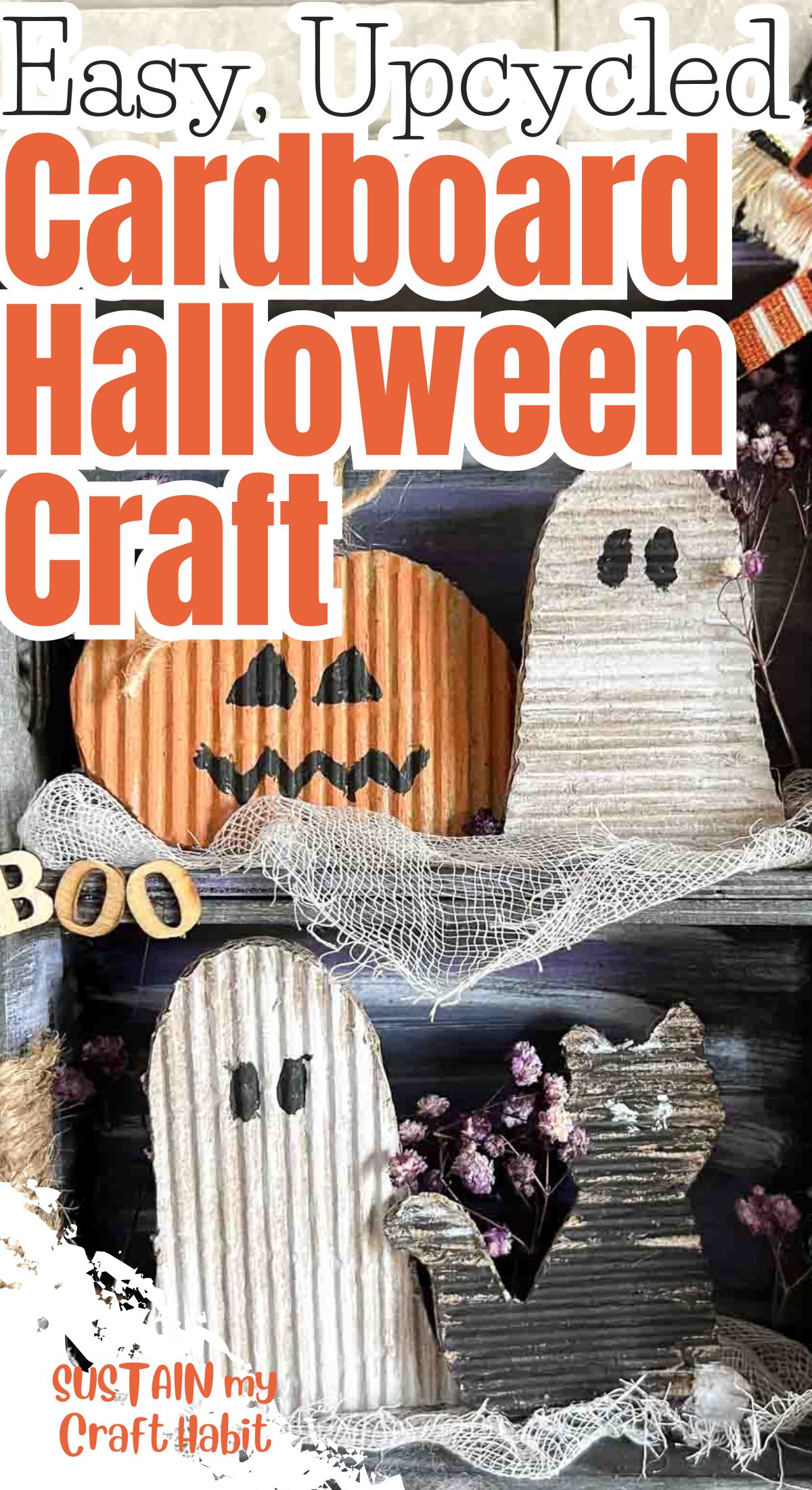 Upcycled cardboard Halloween craft with text overlay.