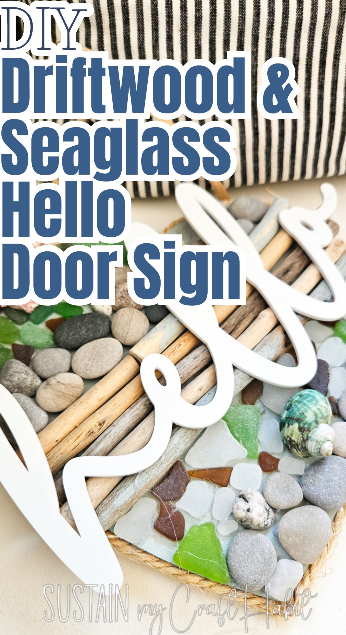 Close up of driftwood and seaglass door sign with text overlay.