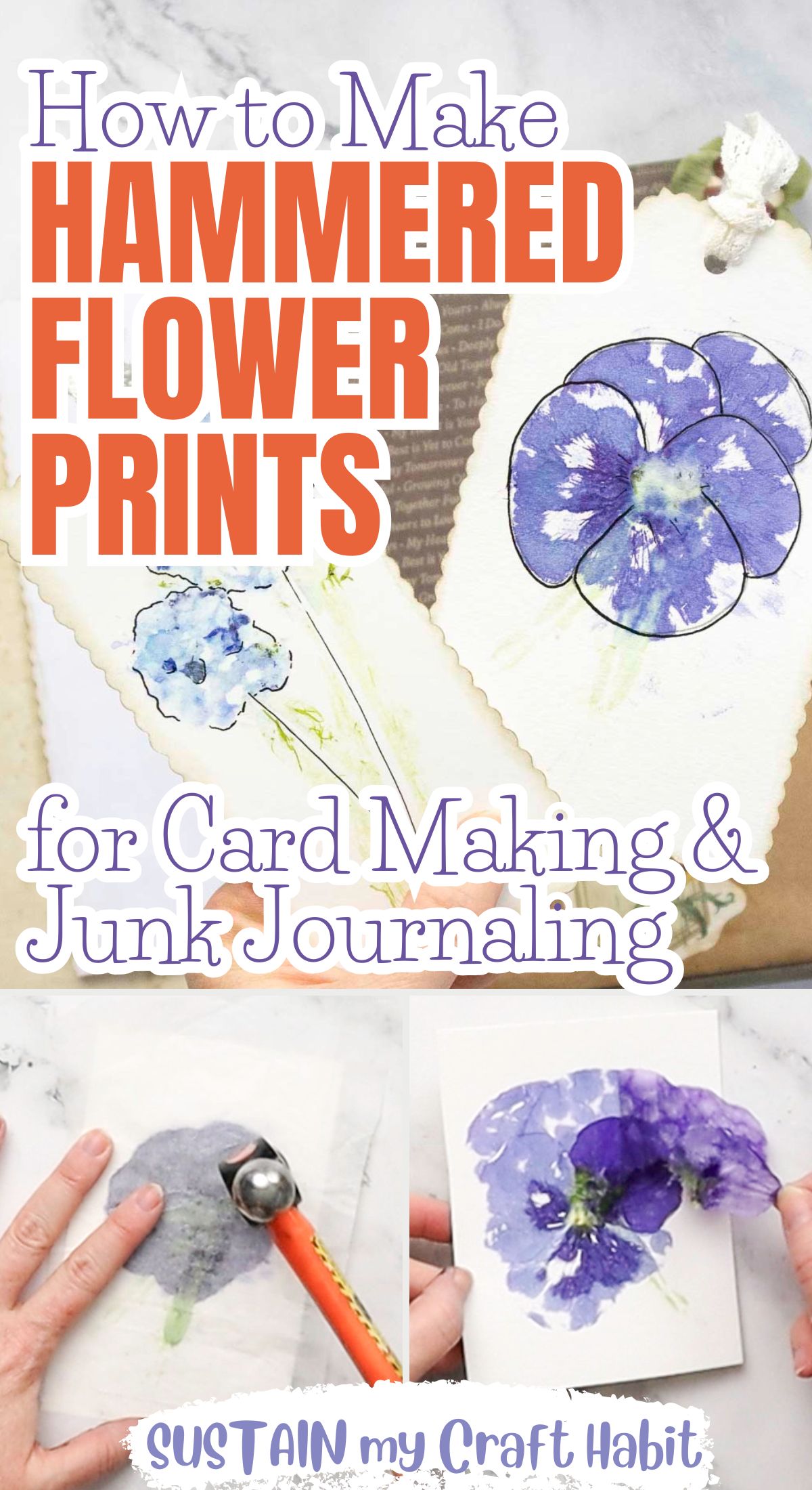 Collage with text overlay showing how to make hammered flower prints.