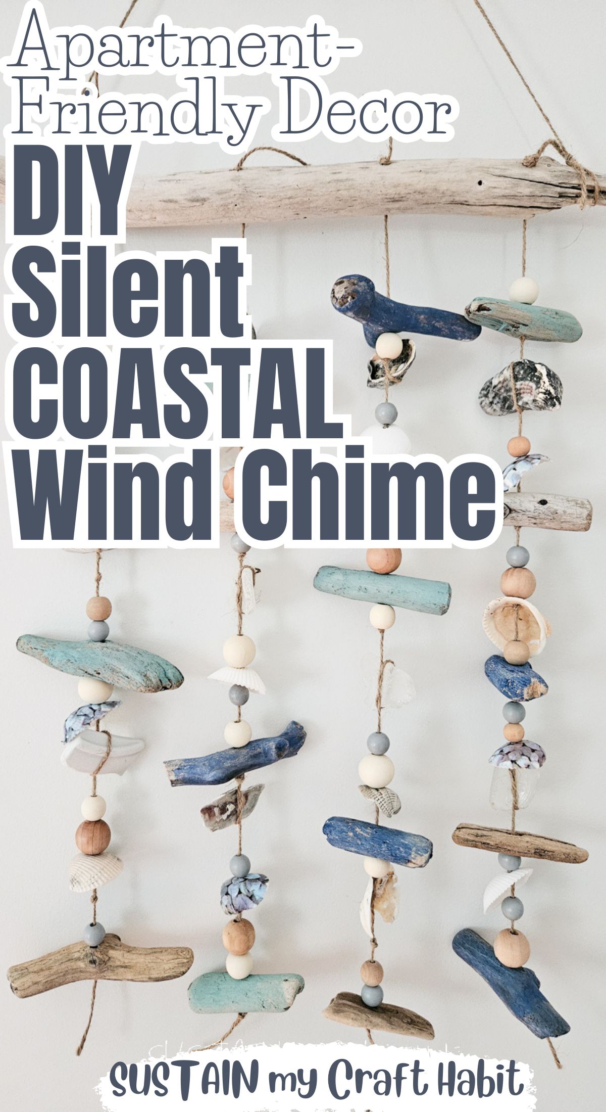 Close up of silent coastal wind chime with text overlay.