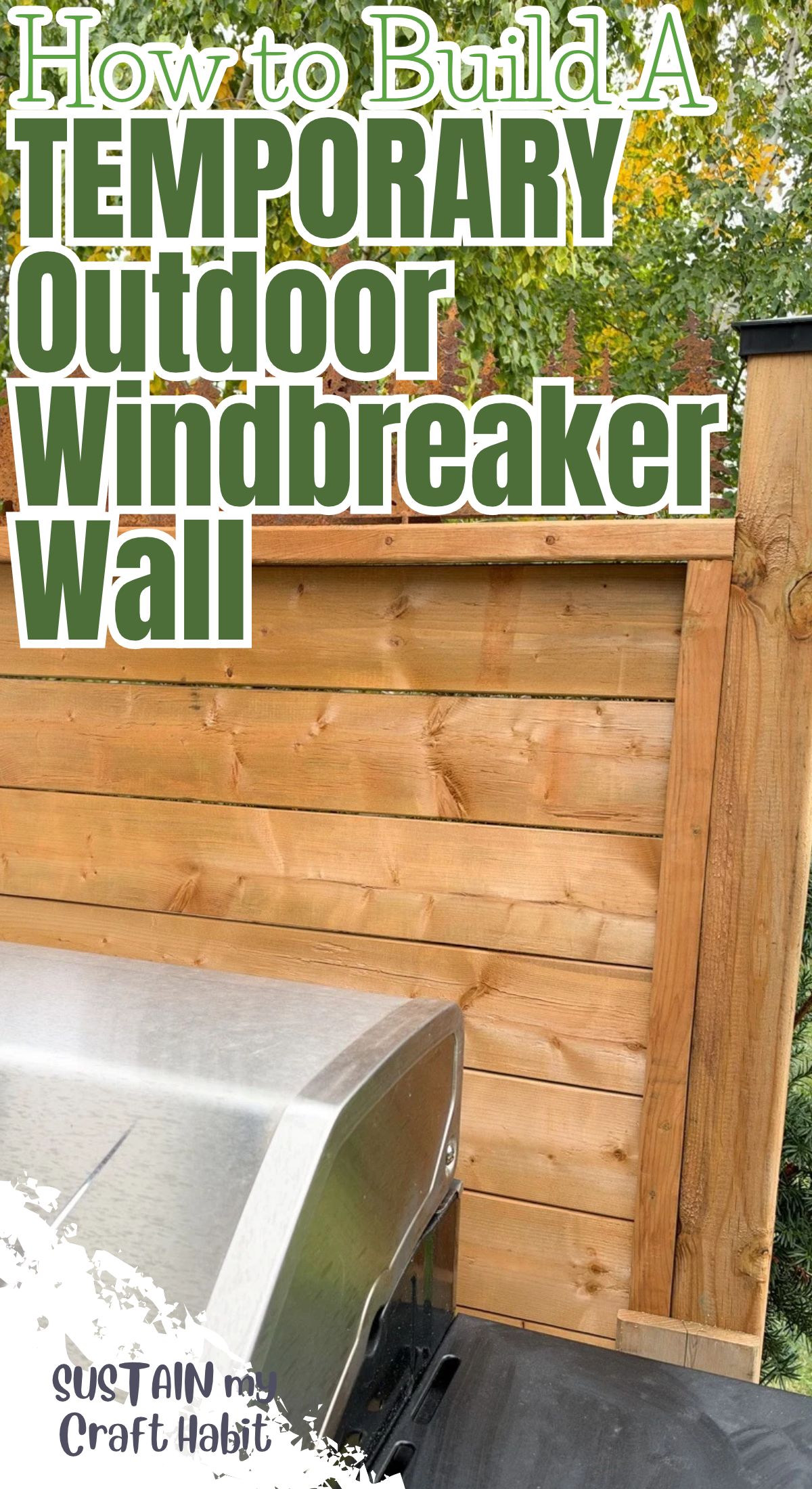 Close up of temporary outdoor privacy wall with text overlay.